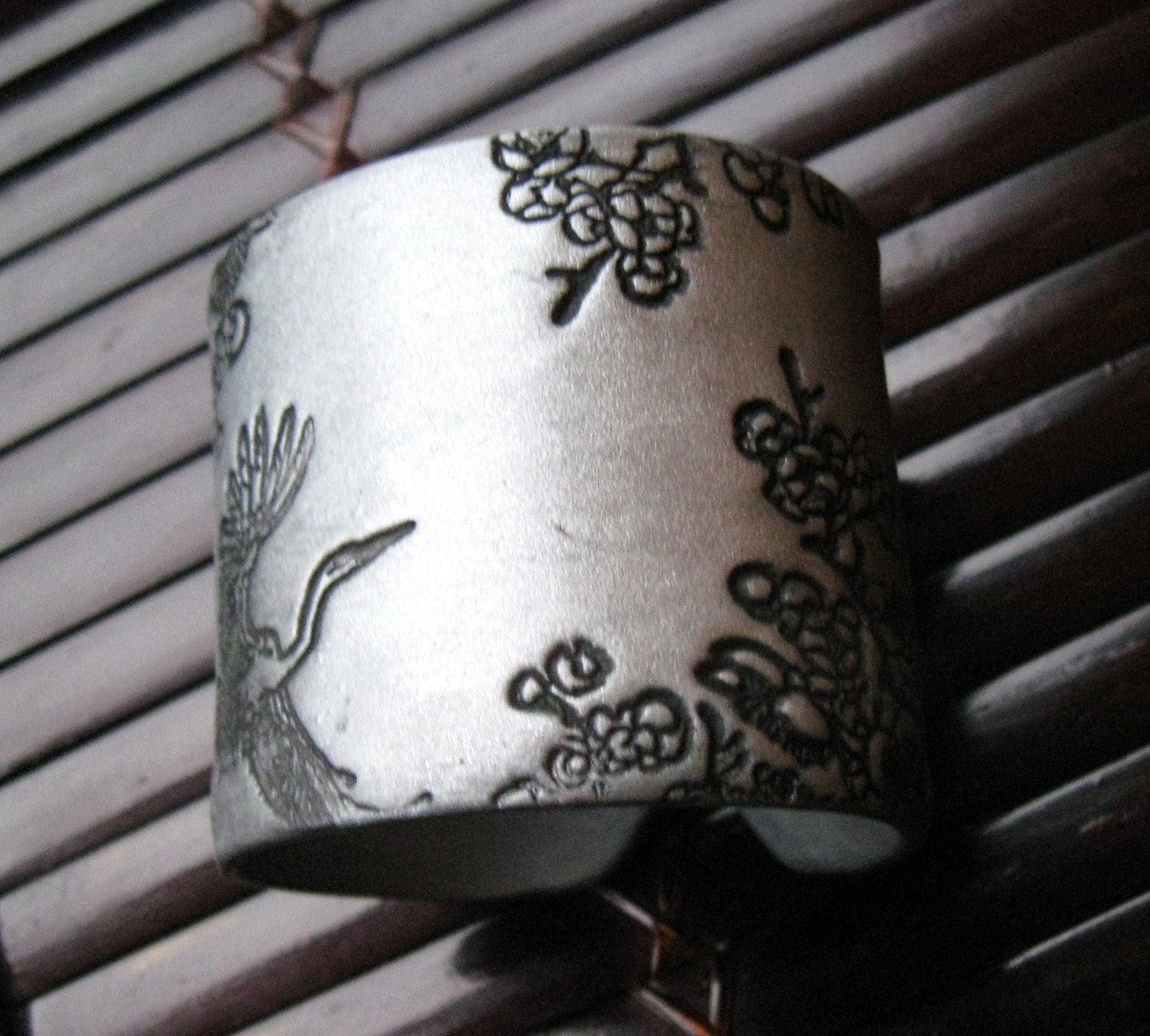 Soaring Asian Crane and Floral Silver Cuff Bracelet, Handmade Jewelry by theshagbag on Etsy