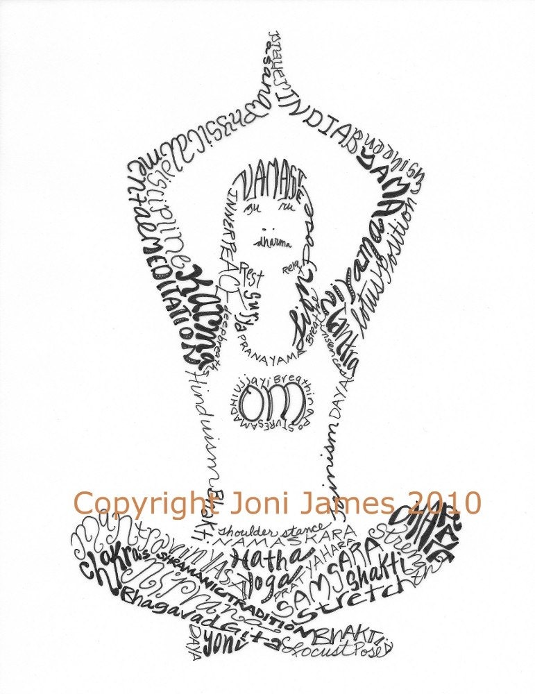 Yoga Typography Art Calligraphy Drawing, Yoga Art Typography Calligram Zen Art, Om Art Print, Gift Under 20