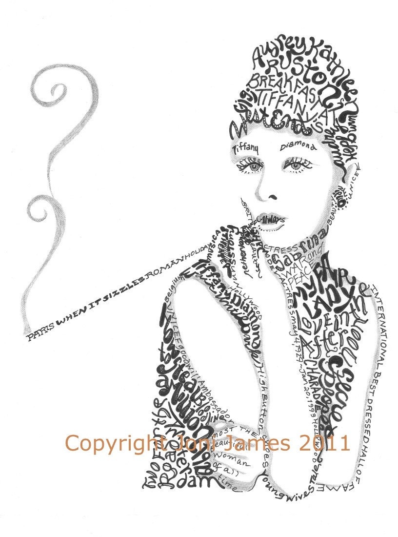 Audrey Hepburn Typography Drawing Word Art, Breakfast at Tiffany's Calligram or Calligraphy Illustration,  Audrey Hepburn Portrait