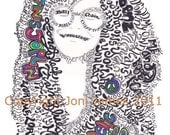 Janis Joplin Portrait Word Art Pen and Ink Illustration, Psychedelic Hippie Art Typography Calligram Drawing, Janis Joplin Art