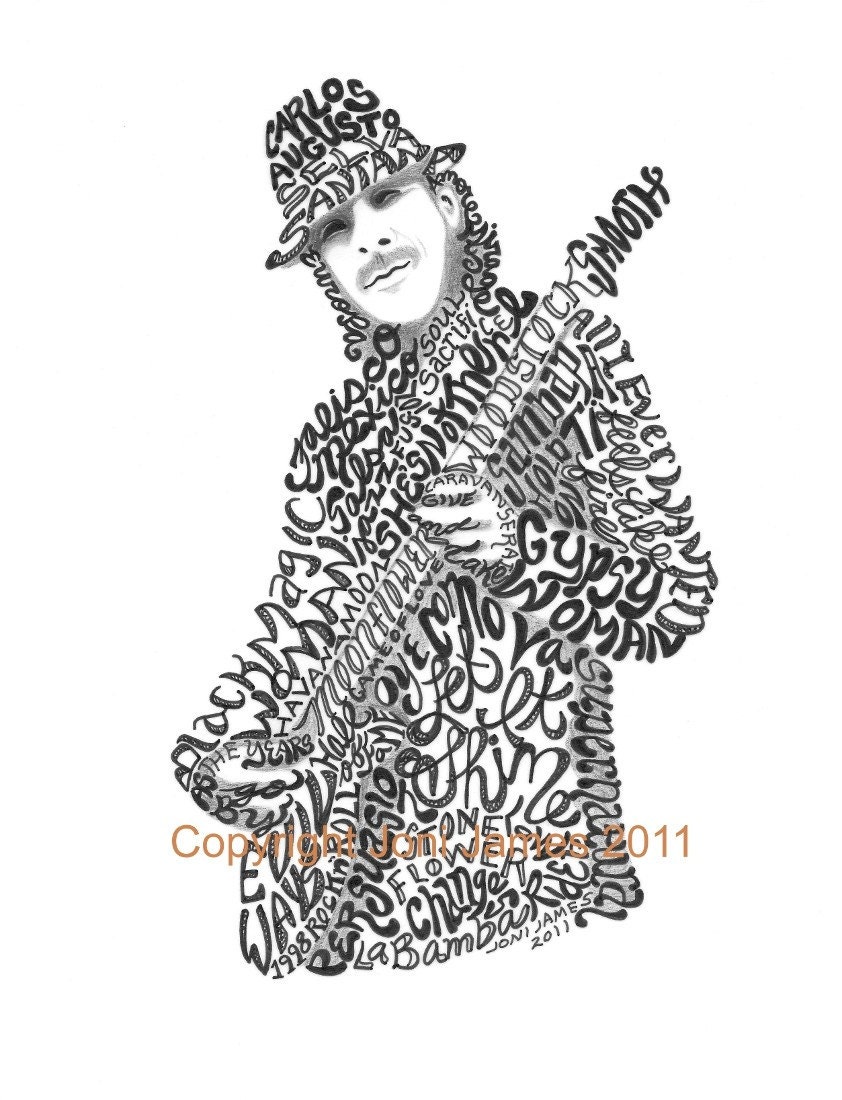 Carlos Santana Art Typography Word Art Calligraphy or Calligram Illustration, Santana Drawing Musicians Art Print