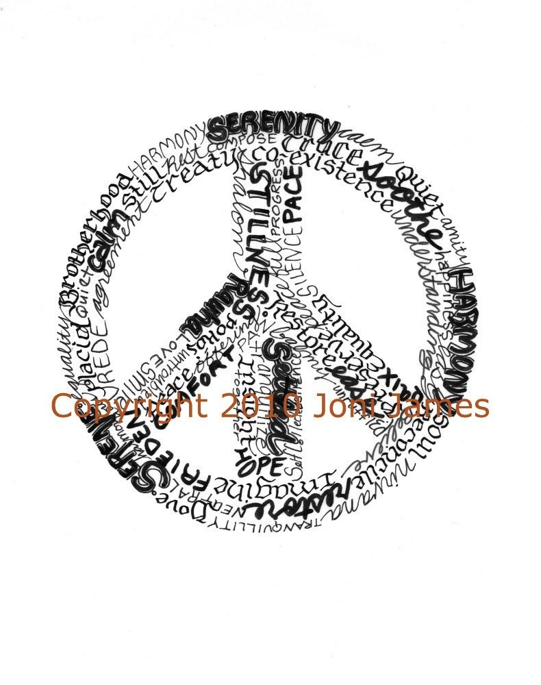 Peace Sign Word Art Calligram Drawing, Peace Art Typography or Hippie Art Calligraphy Drawing, Black and White Peace Sign Art Print