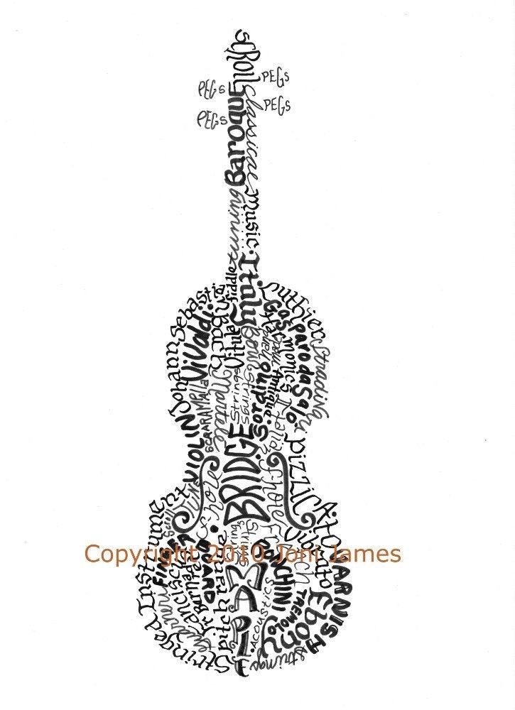 Ornate Violin Art Typopgraphy Calligram Pen and Ink Illustration, Musical Violin Typography Word Art Drawing, Word Pictures for Musicians