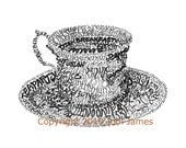 English Tea Cup Art Print, Tea Cup Typography Calligram Drawing, Tea Cup Word Art Calligraphy Art Illustration, Gifts Under 20
