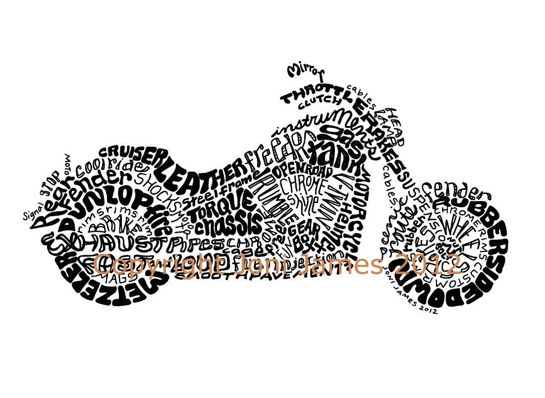 Classic Cruiser Motorcycle Drawing Harley Davidson Art, Motorcycle Art Typography Illustration, Motorcycle Calligram Print, Biker Chic Art