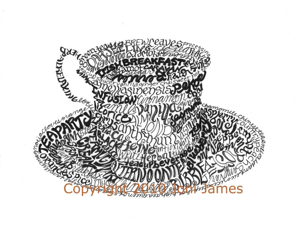 English Tea Cup Art Print, Kitchen Decor Tea Cup Typography Calligram