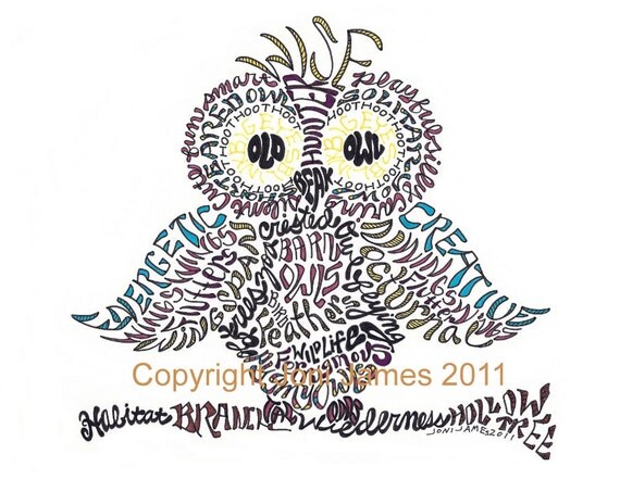 Hand Drawn Word Art Owl Illustration, Colorful Owl Art Typography Art Print, Owl Calligram, Nature Art Gift Under 20