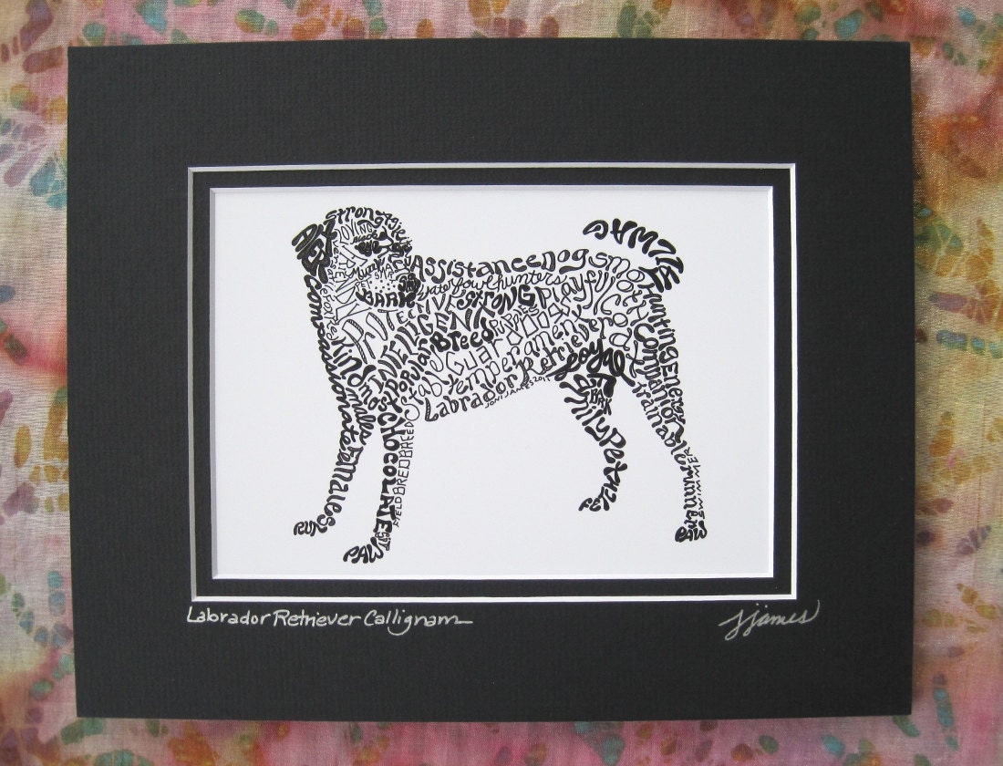 Black Labrador Retriever Art Print Word Illustration, Dog Art Black Lab Dog Typography Calligram or Calligraphy Drawing, Gift Under 20