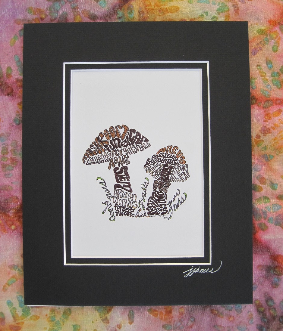 Forest Mushrooms Word Art Calligram Drawing, Mushroom Art Typography, Nature Art Calligraphy Pen and Ink Drawing