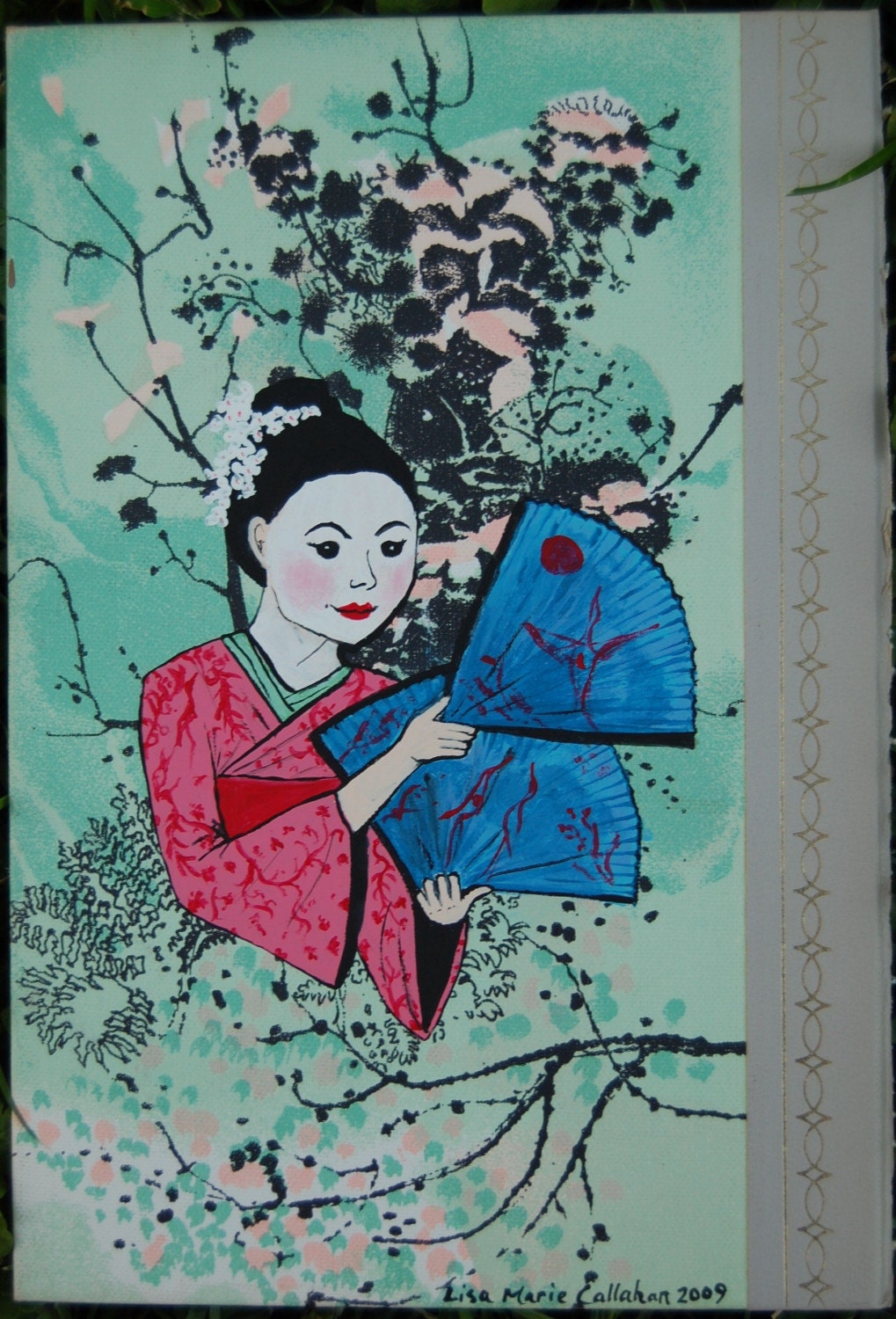 Original Geisha Girl Painting on Vintage Book Cover