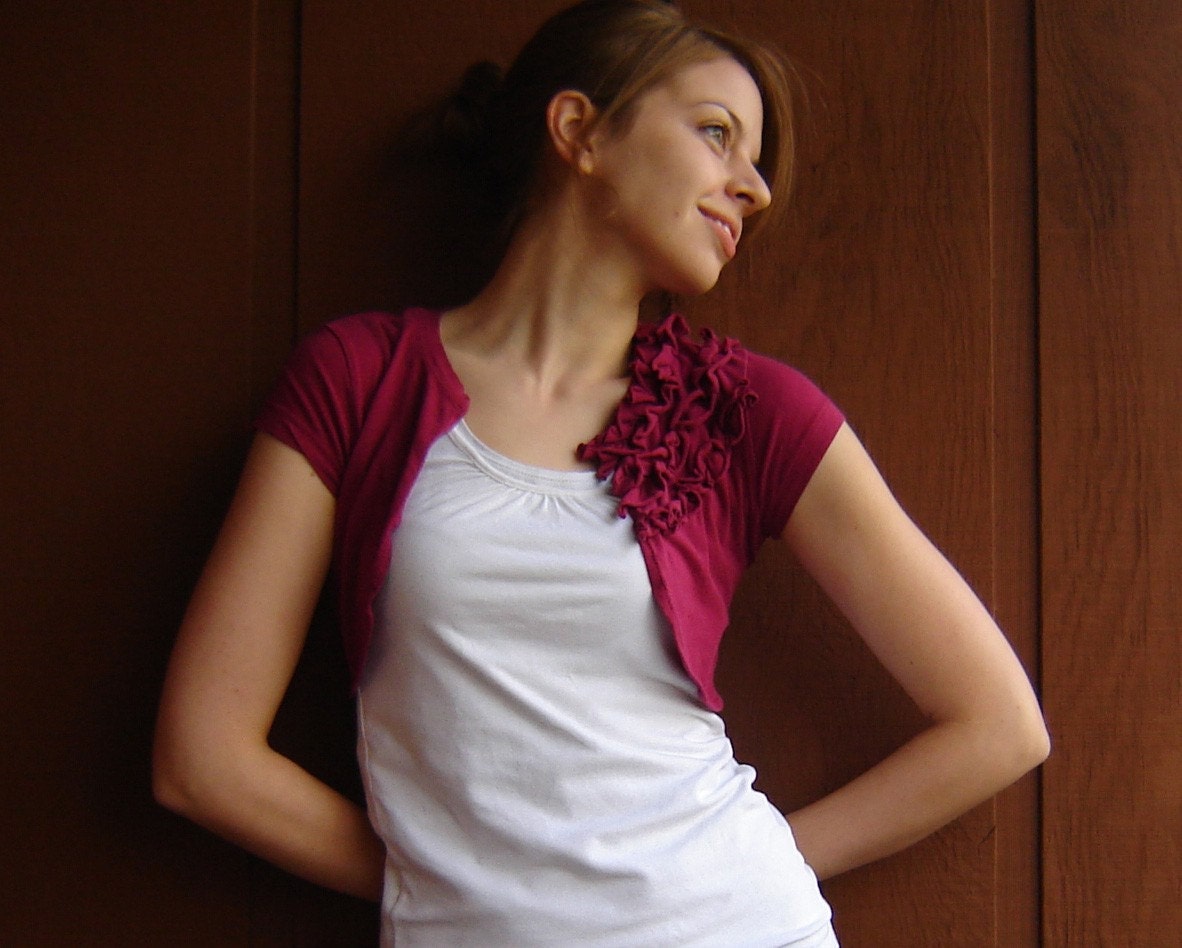 Repurposed Cotton Tshirt Shrug with Ruffles - Berry, Extra Small
