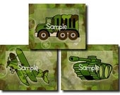 Set of 3 Camo Army Military Vehicles Boys Bedroom  8 x 10 Kids Wall ART PRINTS