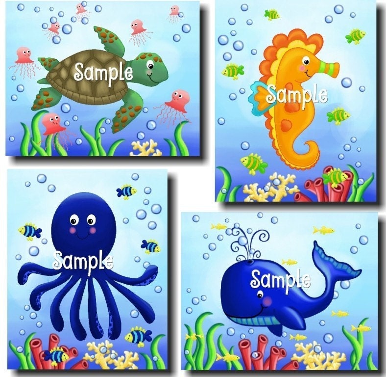 Set of 4 Ocean Creatures Wonders 8x10 Kids Bedroom Bathroom ART PRINTS