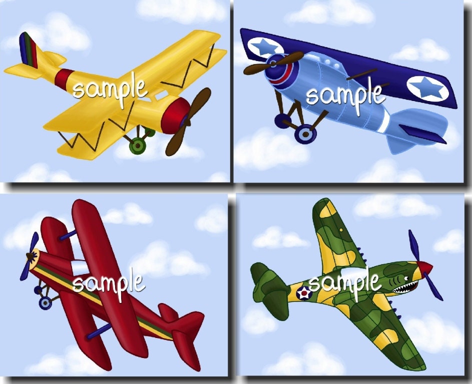 Set of 4 Up Up and Away Little Airplanes Boys Bedroom Baby Nursery 8 x 10 ART PRINTS