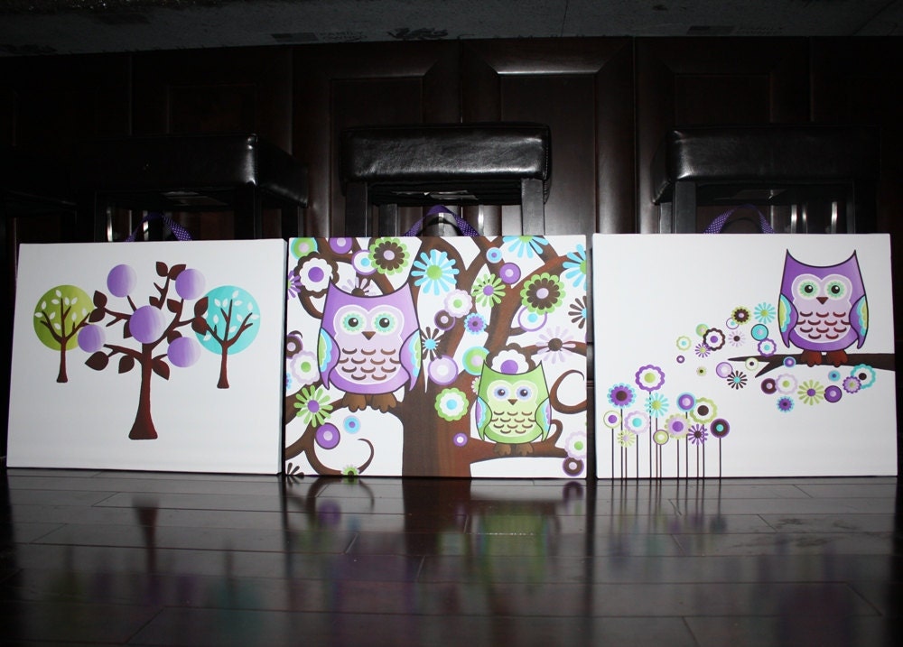 Set of 3 Pretty in Purple Owls 16x20 Stretched Canvases Baby Nursery CANVAS Bedroom Wall Art