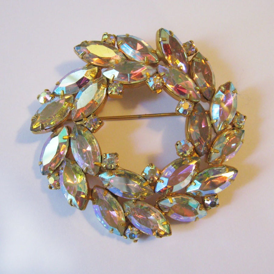 Large Vintage Aurora Borealis Rhinestone Pin Brooch with Marquise Stones
