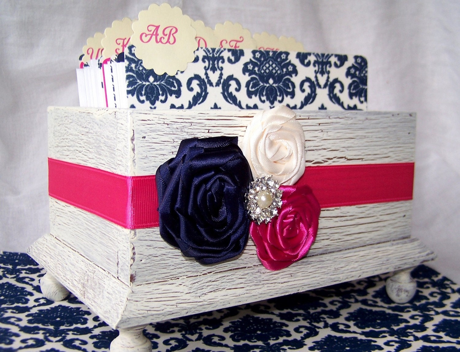Guest Book Box -  Navy Blue and Hot Pink, Ivory Shabby Chic box, Custom Colors available