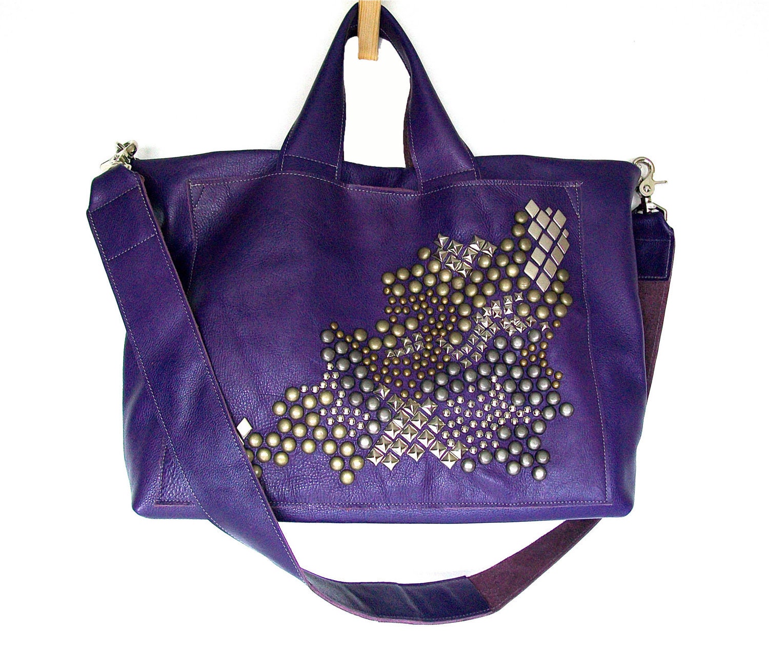 Leather purse Satchel handbag bag studded Handmade purple cross body