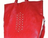 Leather purse handbag Red Studded Handmade convertible