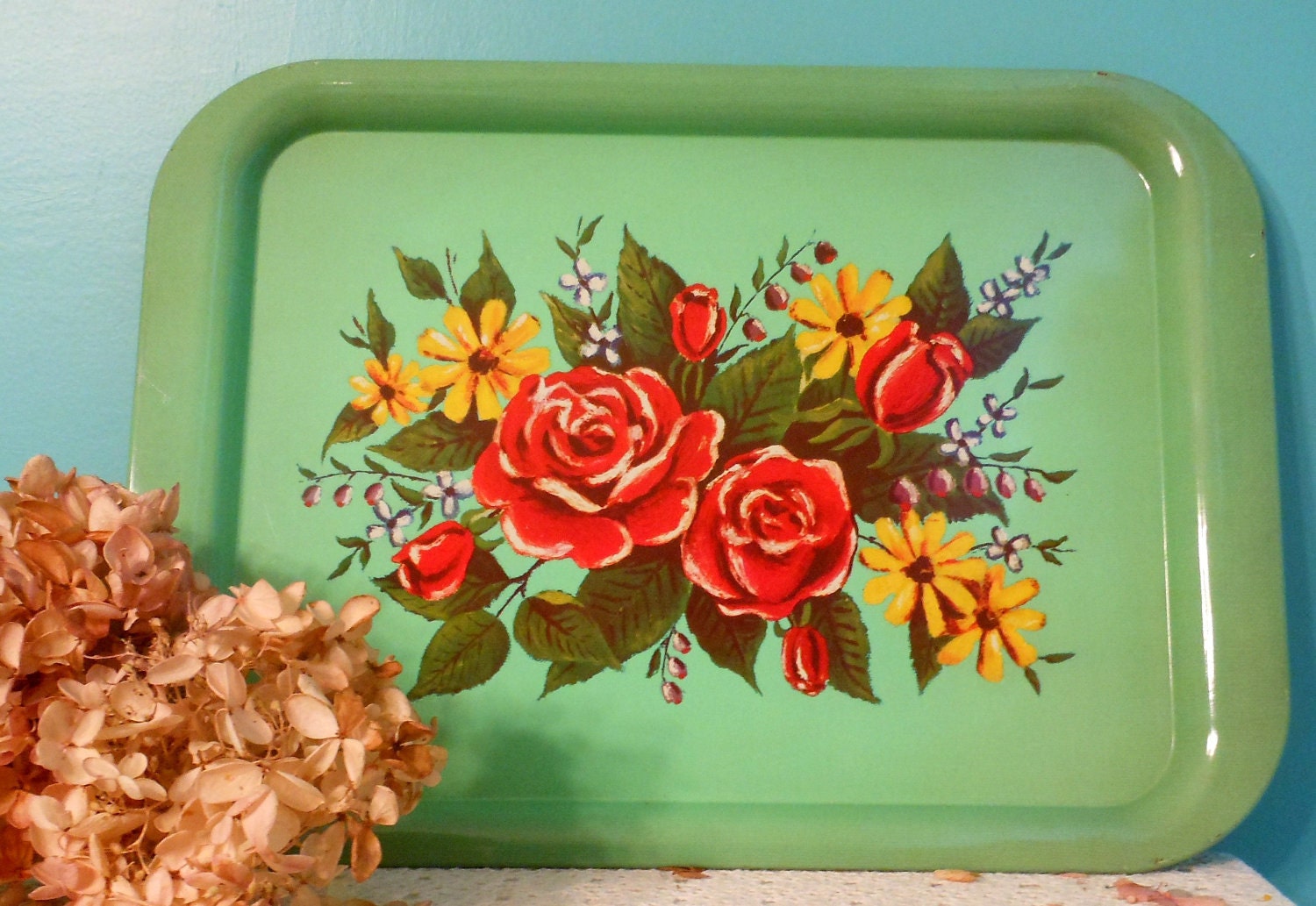 Vintage Shabby Chic Green Metal Floral Tray Mid Century Modern Roses Wall Decor Kitchen