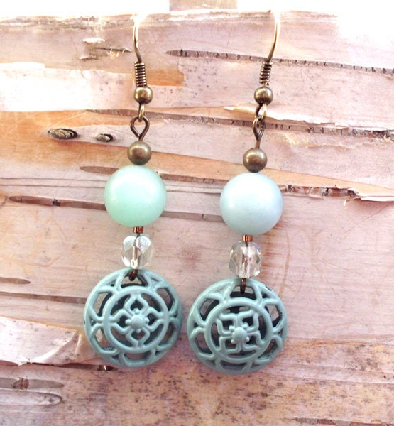 Vintage Styled Bronze & Light Seafoam Earrings Filigree Light Blue