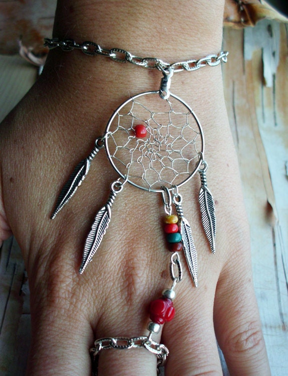 Bohemian Dreamcatcher Slave Bracelet  Boho Hippie Stone Tribal Gypsy Silver Red Twilight Dream Catcher Native American Inspired