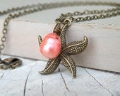 Coral Starfish Necklace, Coral Pearl, Starfish Necklace, Summer