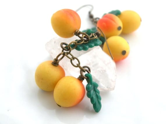 Sale 40% Off - Peach Earrings, Fruit Jewelry, Summer Peach, Vintage