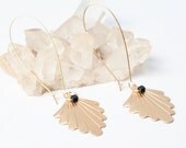 Gold Fan Earrings with Black Cube Beads