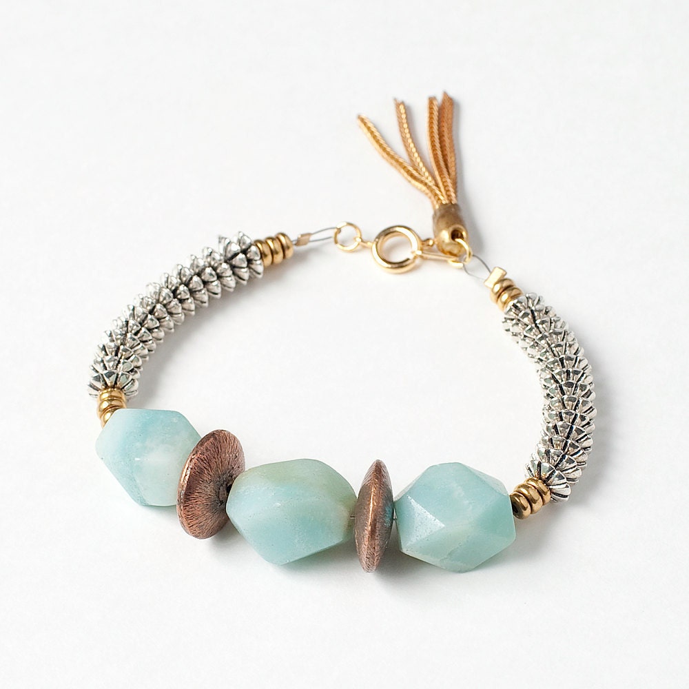 Amazonite Bracelet with Etched Raw Brass Lentil Bead, Silver Spacers, and Heishi Disc Beads Finished with a Gold Vintage Tassel