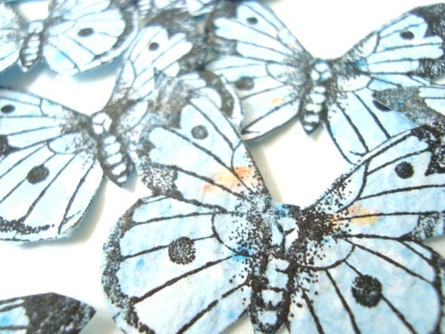 Hand stamped, hand cut paper butterflies. Pale Blue.  x 25 (number 21) - ChilliPeppa