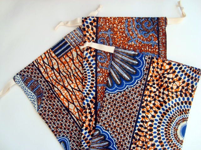 re-usable gift bag, pouch, drawstring bag, toy tidy made from African wax print 'fat quarter bag' x 3