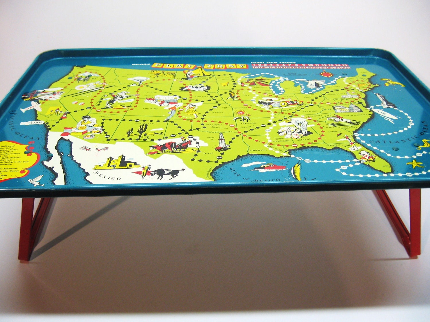 Vintage Tin Replogle MapTray - 1950's Eat & Play Tray - US Map w Magnetic Game Pieces