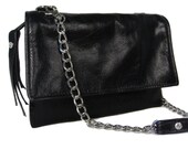 LAURA's Little Black Bag - Small Leather Messenger Bag - Italian Black Leather with Diamond Studs - OLIVE Satin Lining