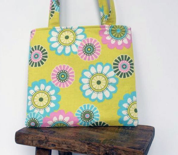 Flower Purse - Green - Cotton Tote Bag - Floral Print  - Handmade - Fabric