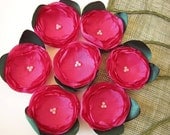 Handmade  fabric flower appliques / embellishments (6 pcs) -FUCHSIA PINK ROSES With Leaves