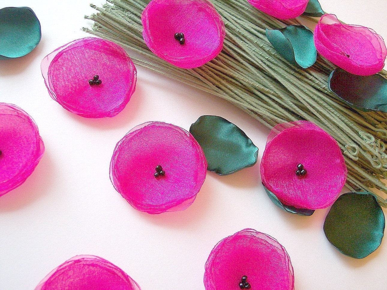 Poppy Garden...Handmade organza sew on flower appliques (10 pcs)- FUCHSIA PINK POPPIES