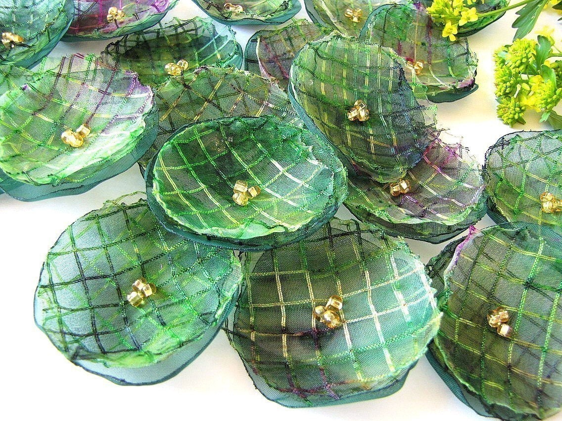 Handmade sheer voile and organza flower appliques (15 pcs)- GREEN DILL BLOSSOMS