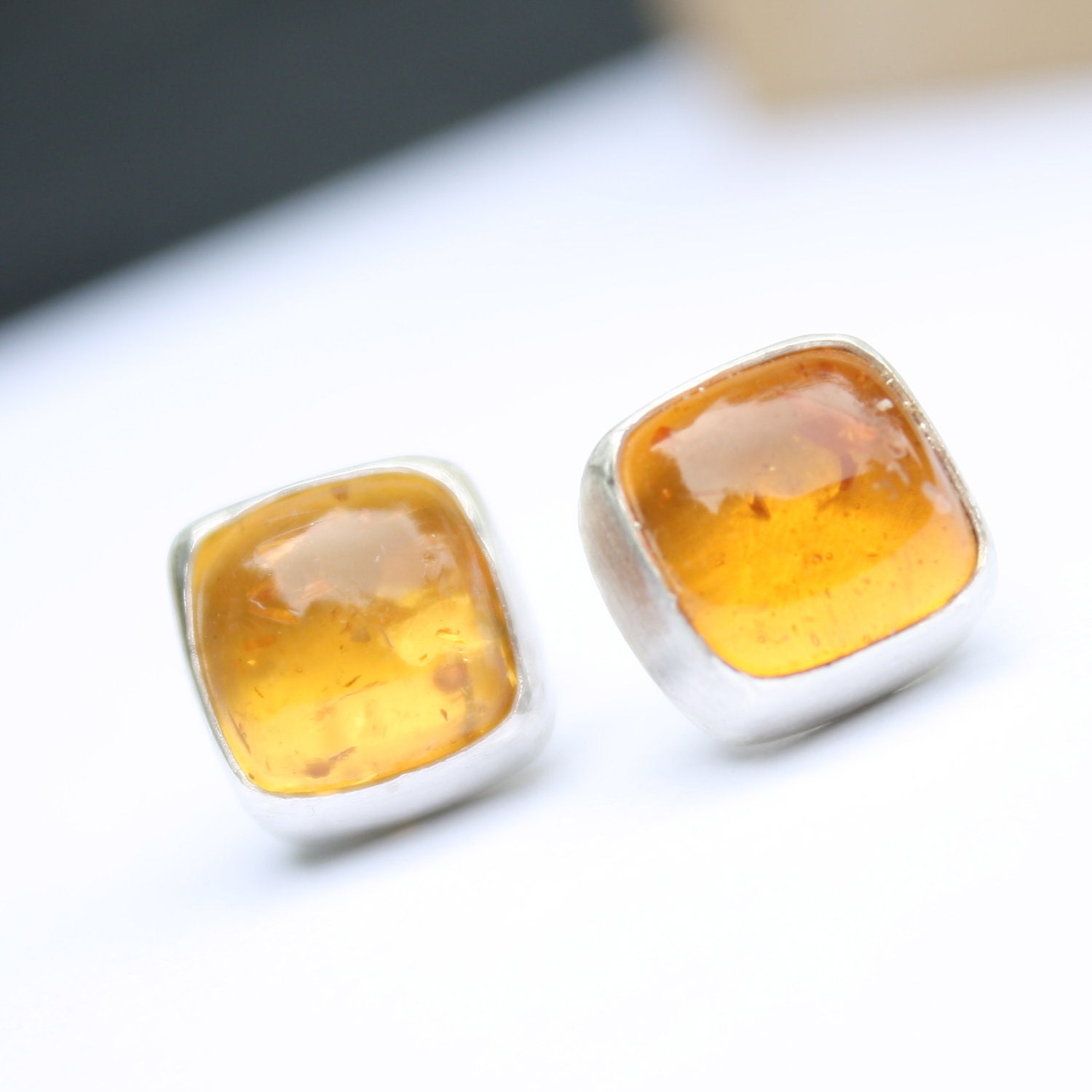 Amber Square Cushion Ear Studs in Sterling
