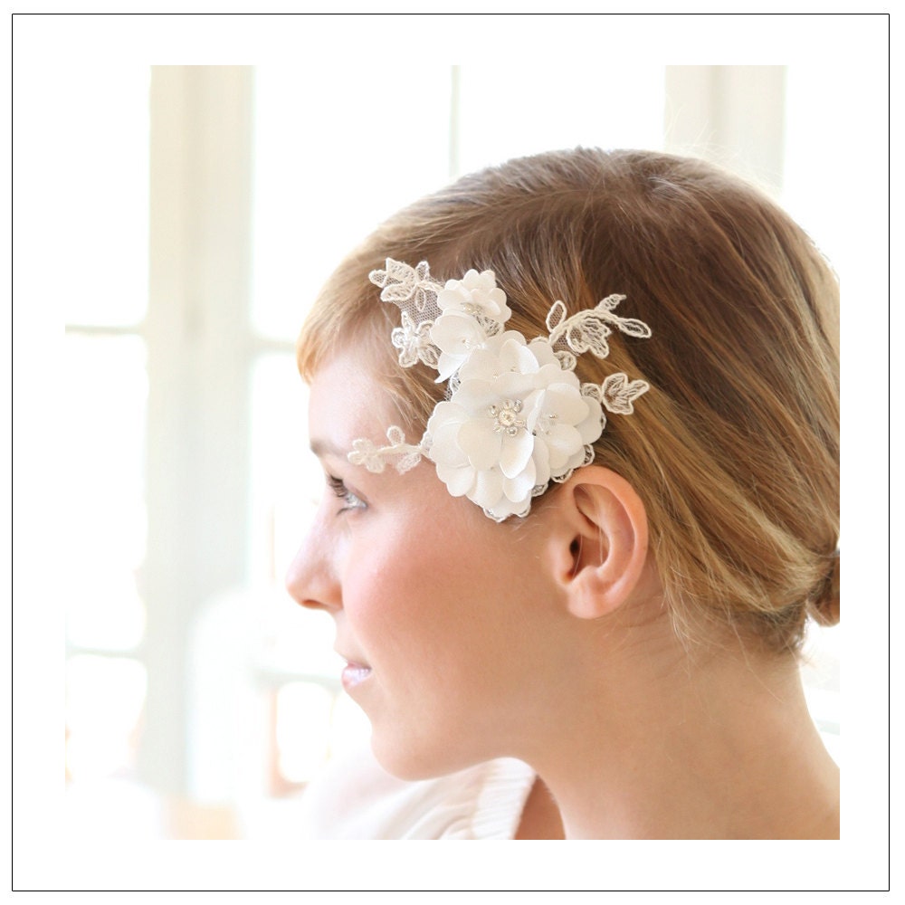 Satin blossom hair pin - white beaded satin petals on embroidered lace