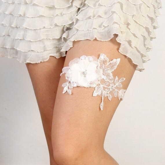Floral lace garter - sparkling white bridal garter
