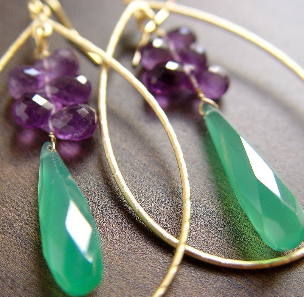 Onyx Ametyst Cluster Earrings 14k teardrop lilac green hoops