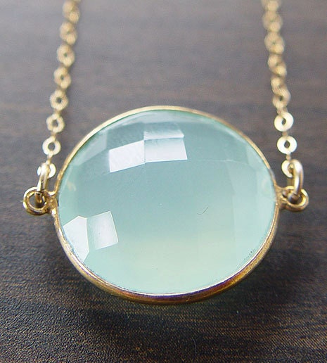 Aqua Chalcedony Necklace Round 14k Gold