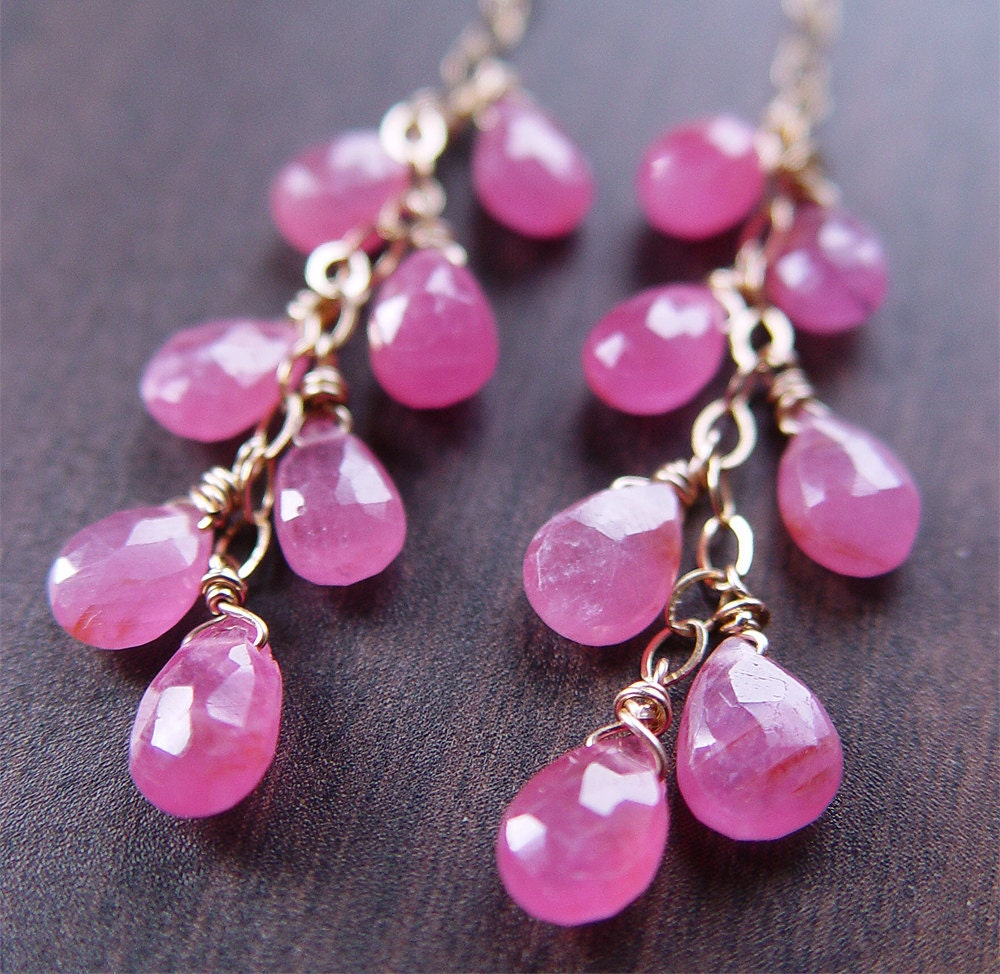 Pink Sapphire Cluster Earrings - 14k Gold Chain