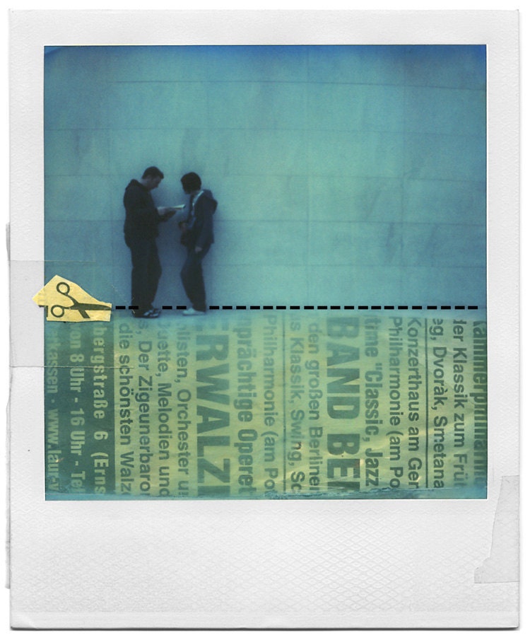 Blue polaroid collage newspaper art printed on a 4x5 inches giclée print