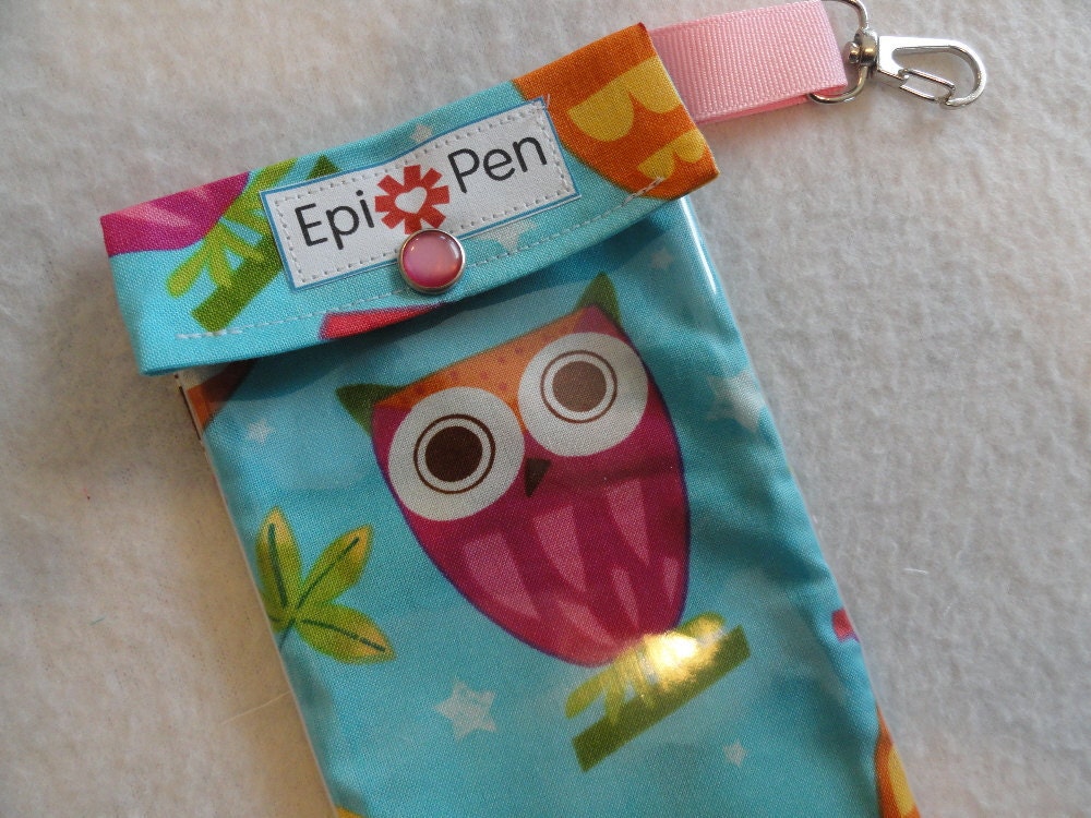 EpiPen Pouch w/ Clear Pocket and Clip 4x8 Holds 2 Allergy Injector Pens Travel Case Owls on a Whim in Aqua Fabric -Readers Choice 2nd Place