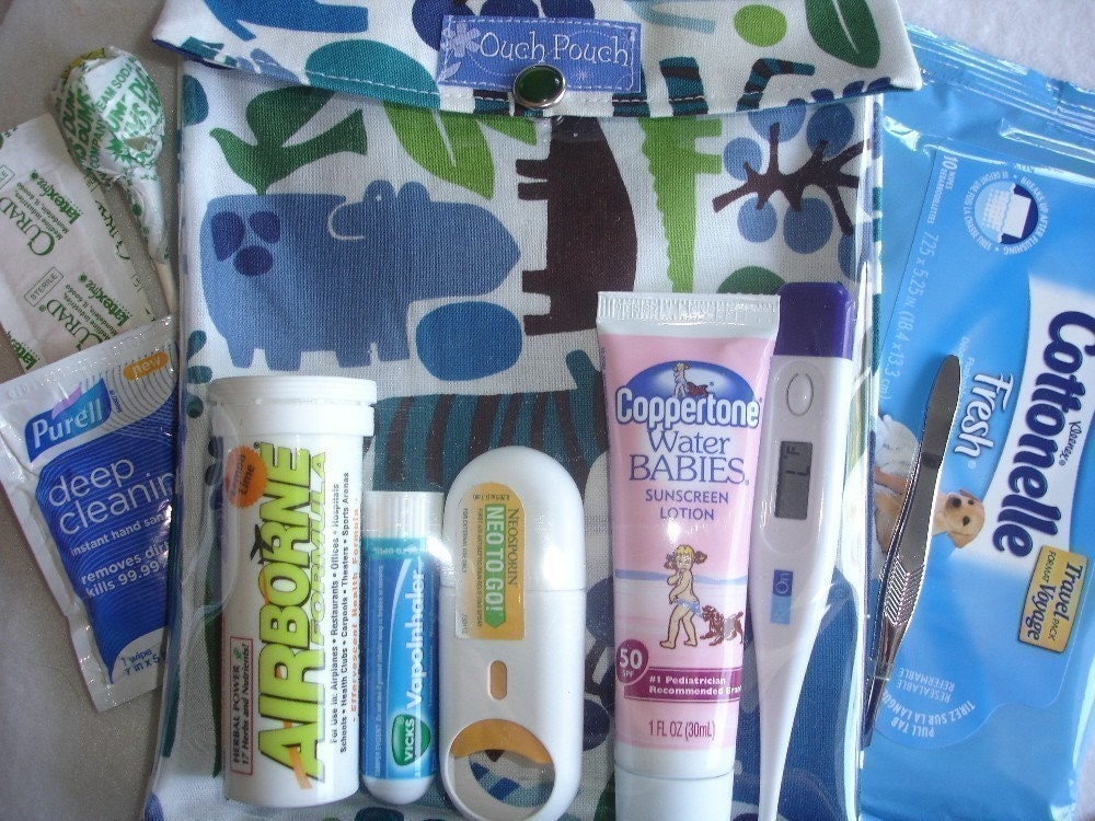 Large Ouch Pouch TM ...First Aid Travel Organizer for Car Diaper Bag Purse ( 6x8 Henry 2D Zoo Blue Fabric ) Baby Shower New Mom