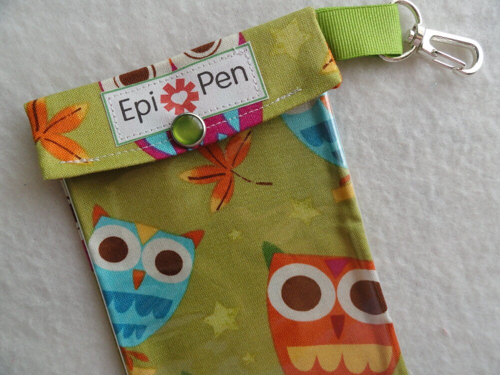 EpiPen Pouch with Clear Pocket and Clip 4x8 Holds 2 Allergy injectors Travel Case - Owls on a Whim in Pistachio Fabric