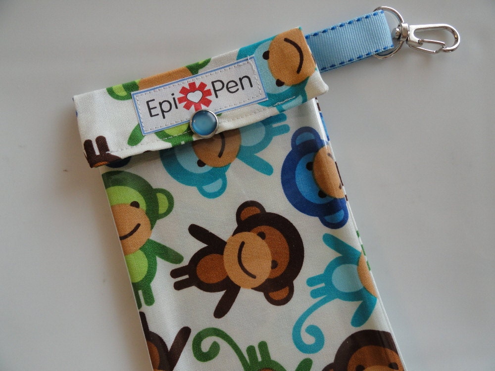 Epi Pen Carrier with Clear Pocket and Clip 4x8 Holds 2 Allergy Auto Injector Pens - Monkeys in Royal Fabric