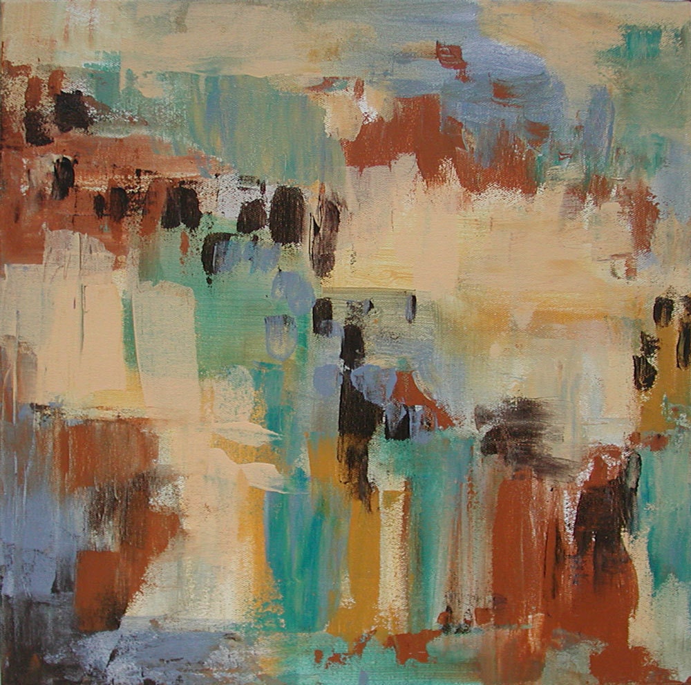 Original Abstract Art Painting Modern Expressionism Soothing Colors "In Sync" Square Canvas by Linda Haywood